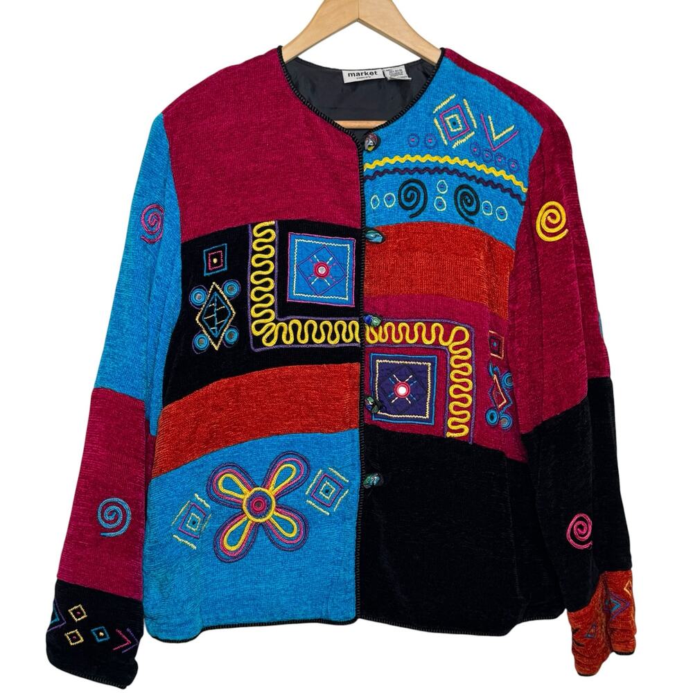 Vintage 1990's Market by Chico's Patchwork Embroidered Beaded Size Large Sweater